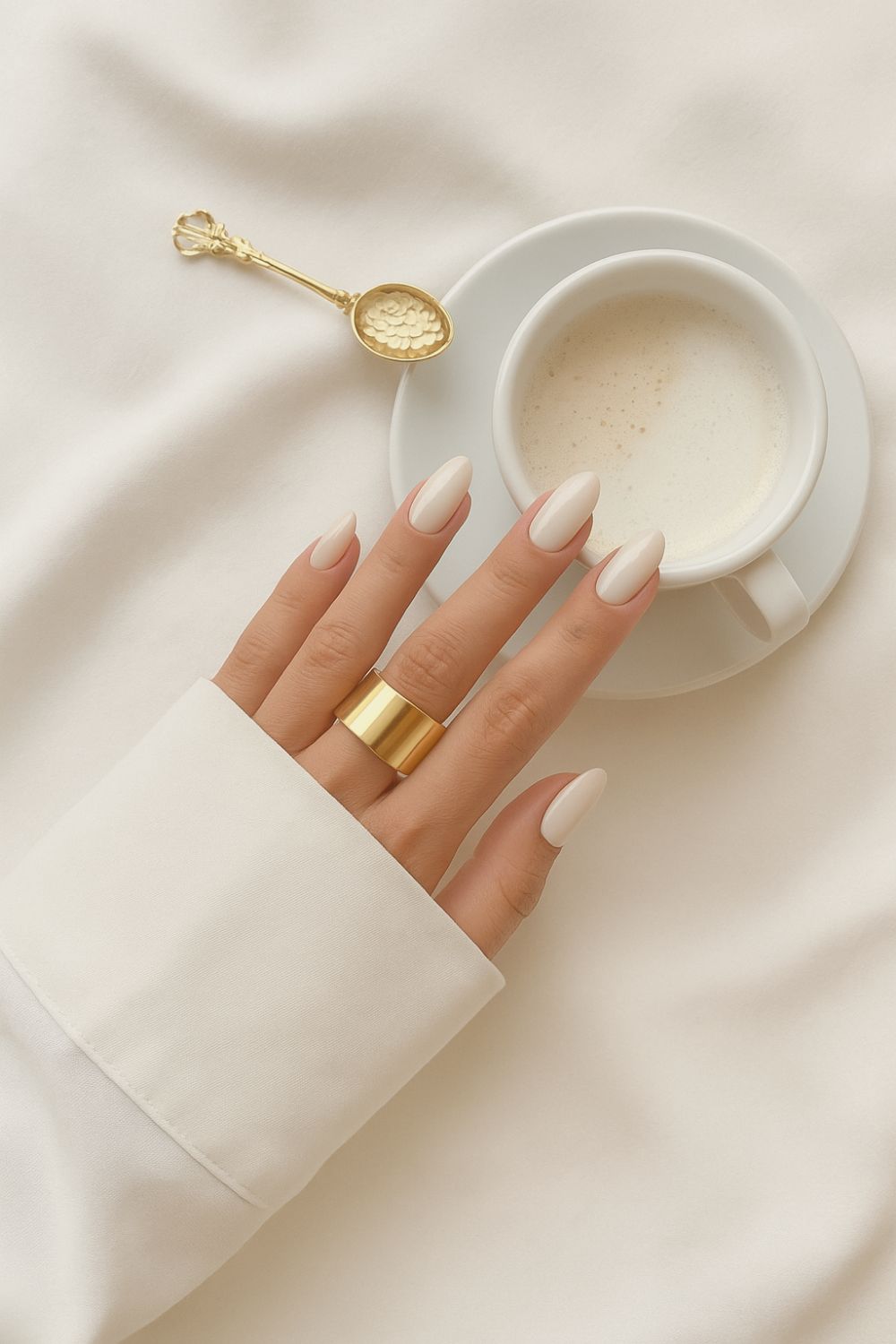Cream press-on nails styled for a quick polished ritual
